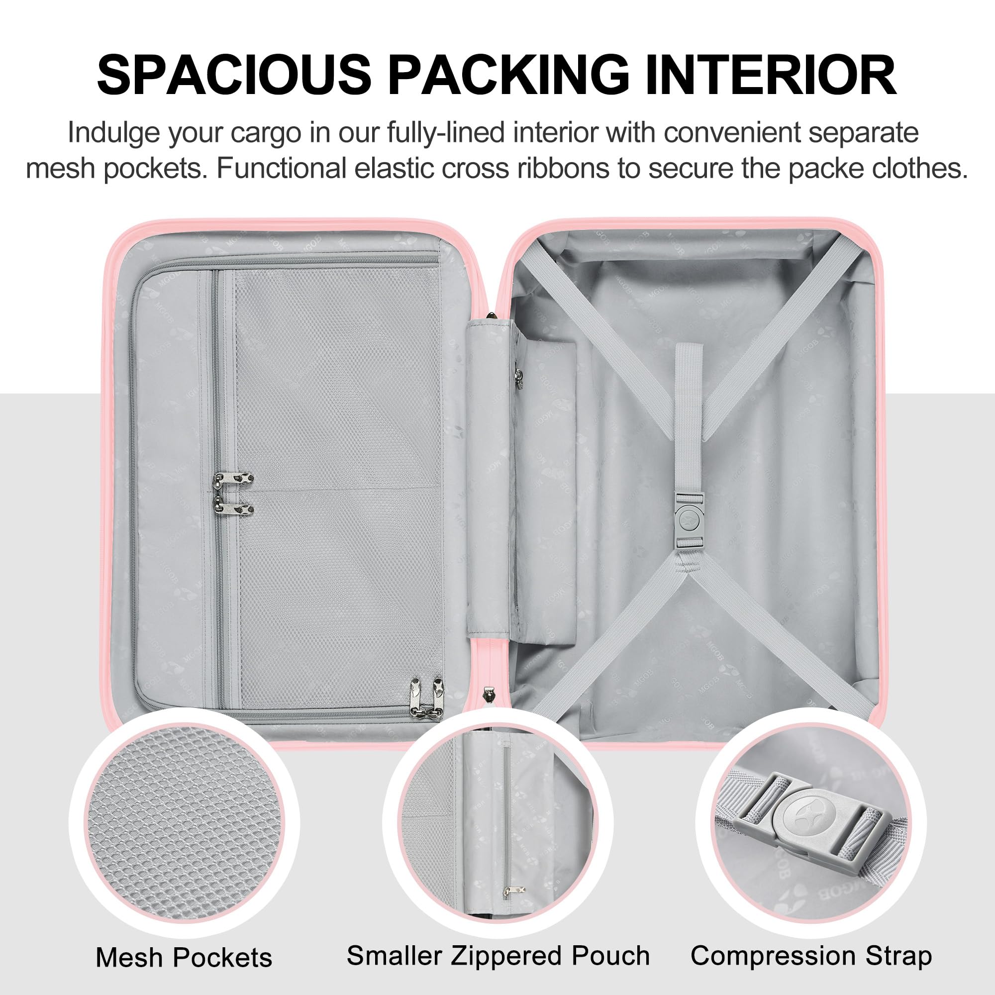 Open suitcase with mesh pockets, smaller zipped pouch, and compression strap highlighted.