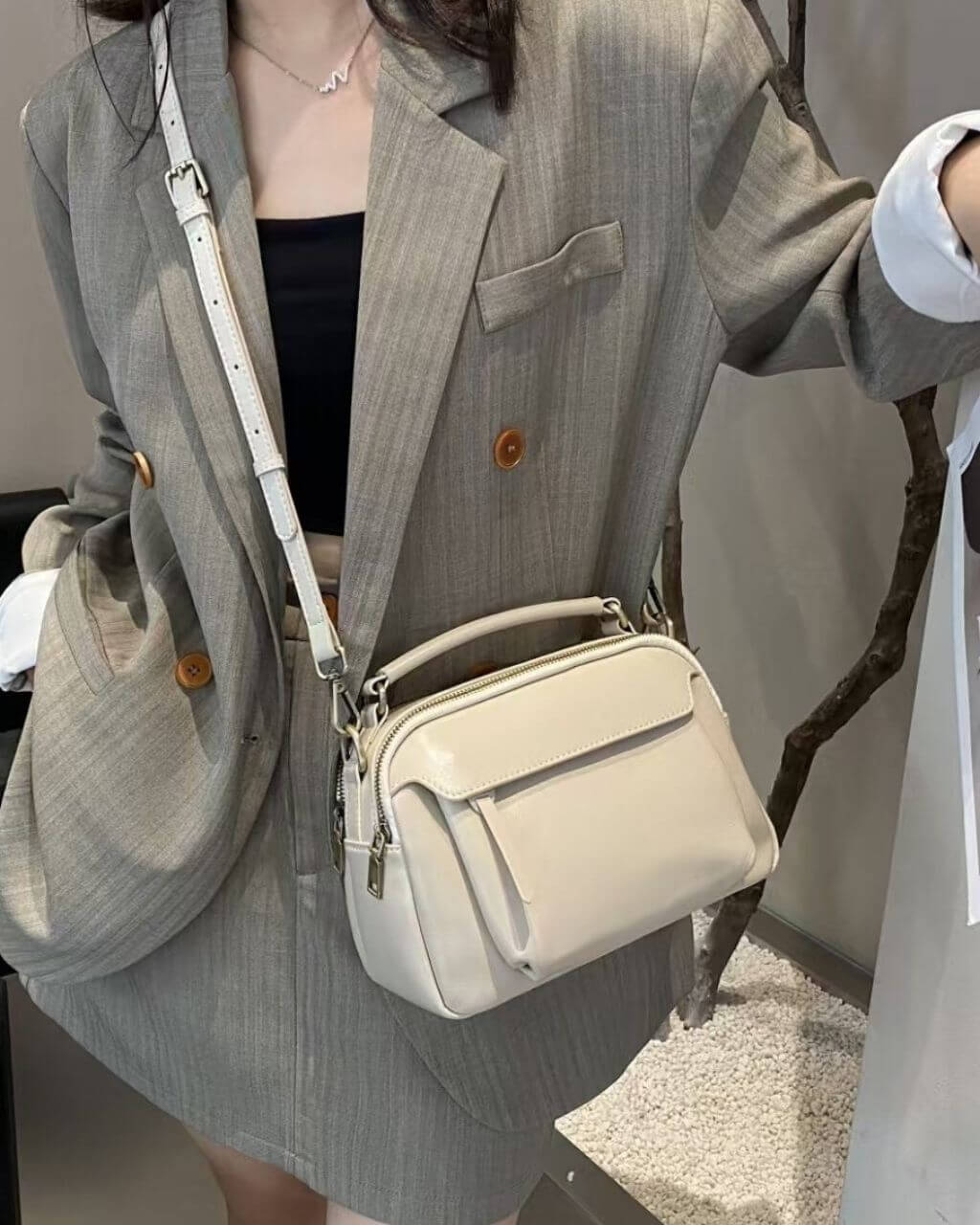 Clavia Milky White Leather Crossbody & Shoulder Bag