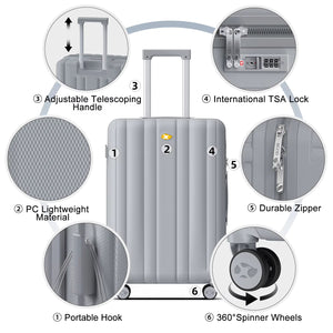 Gray suitcase with features highlighted on a white background