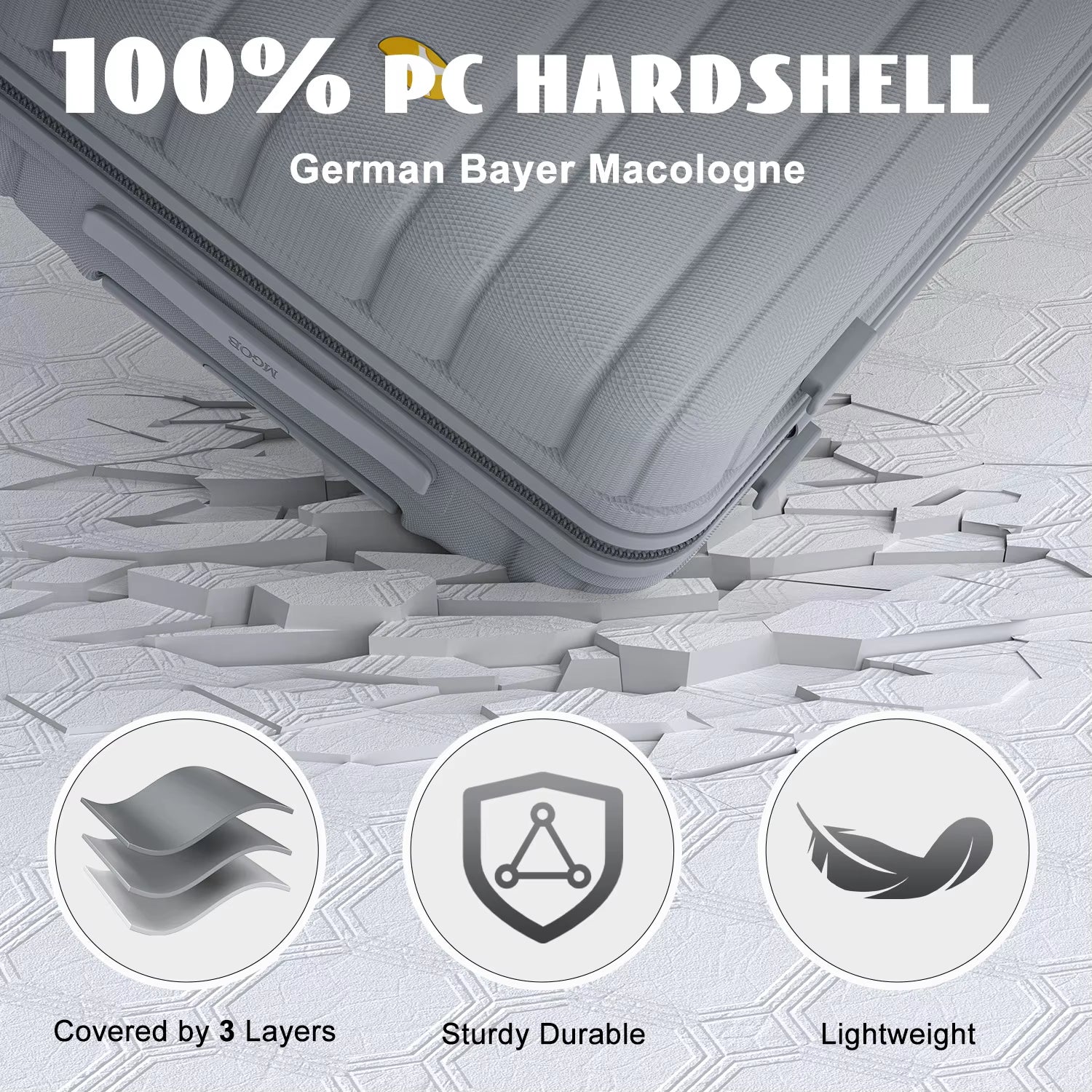 Gray hardshell suitcase with '100% PC Hardshell' text and German Bayer Macologne branding on a textured surface.