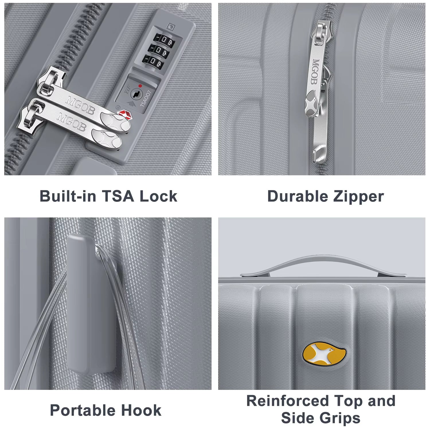 Gray suitcase with features highlighted: built-in TSA lock, durable zipper, portable hook, and reinforced top and side grips.