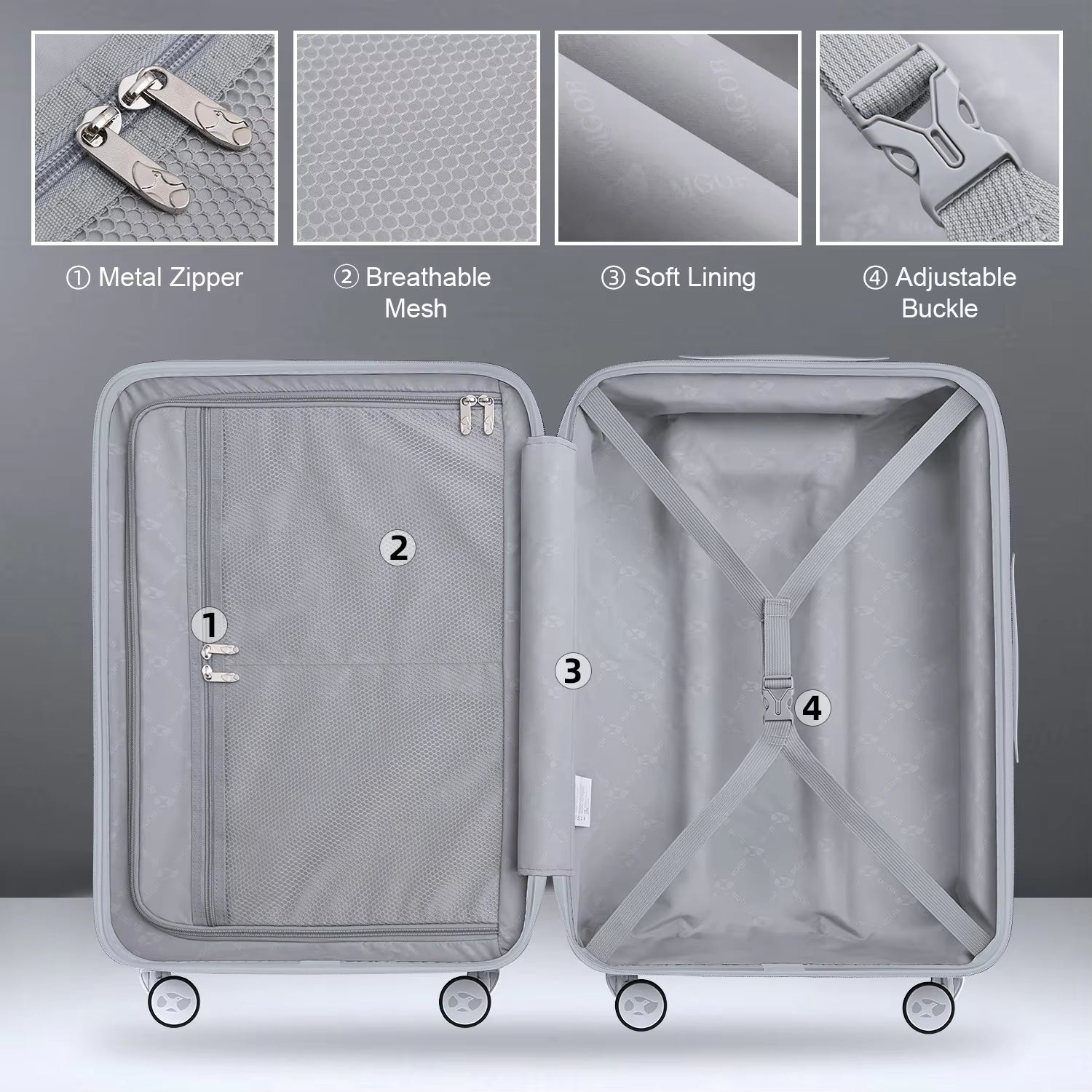 Gray suitcase with labeled features on a gray background