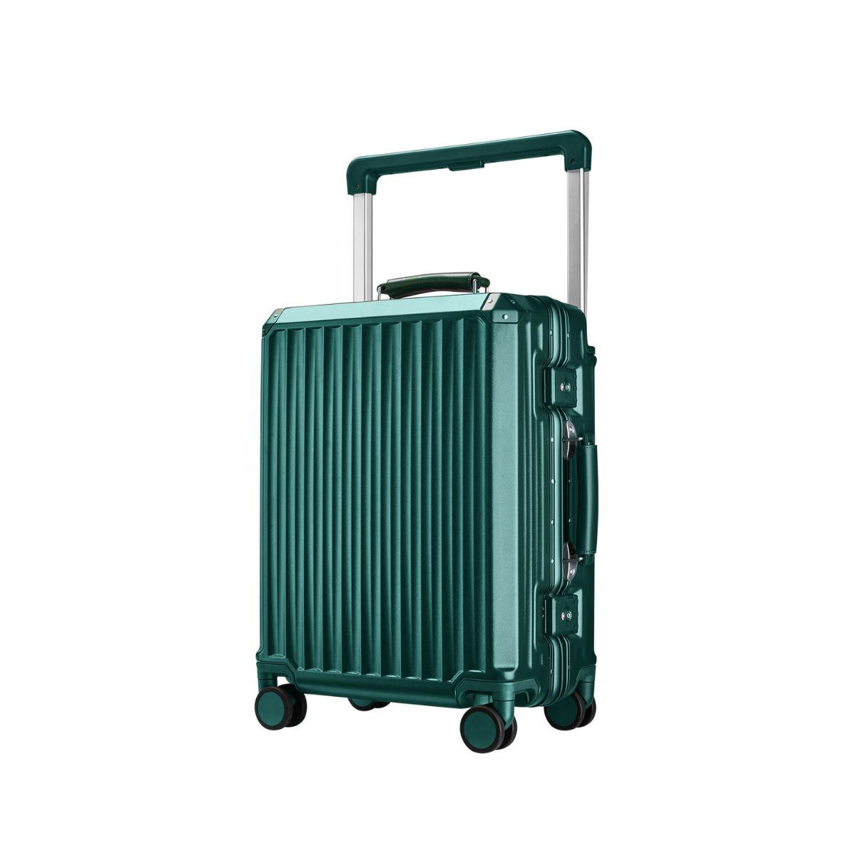 Dark green hard-shell carry-on suitcase with vertical ridges, aluminum frame, 360° spinner wheels, and a telescopic handle.