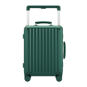 Dark green hard-shell carry-on suitcase with vertical ridges, durable lightweight polycarbonate design, four 360° spinner wheels, and adjustable telescopic handle — premium cabin luggage for travel and business trips.