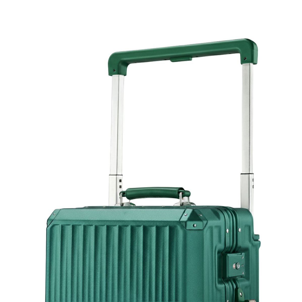 Close-up of a dark green suitcase showing its telescopic handle, top carry handle, and vertical hard-shell ridge design.