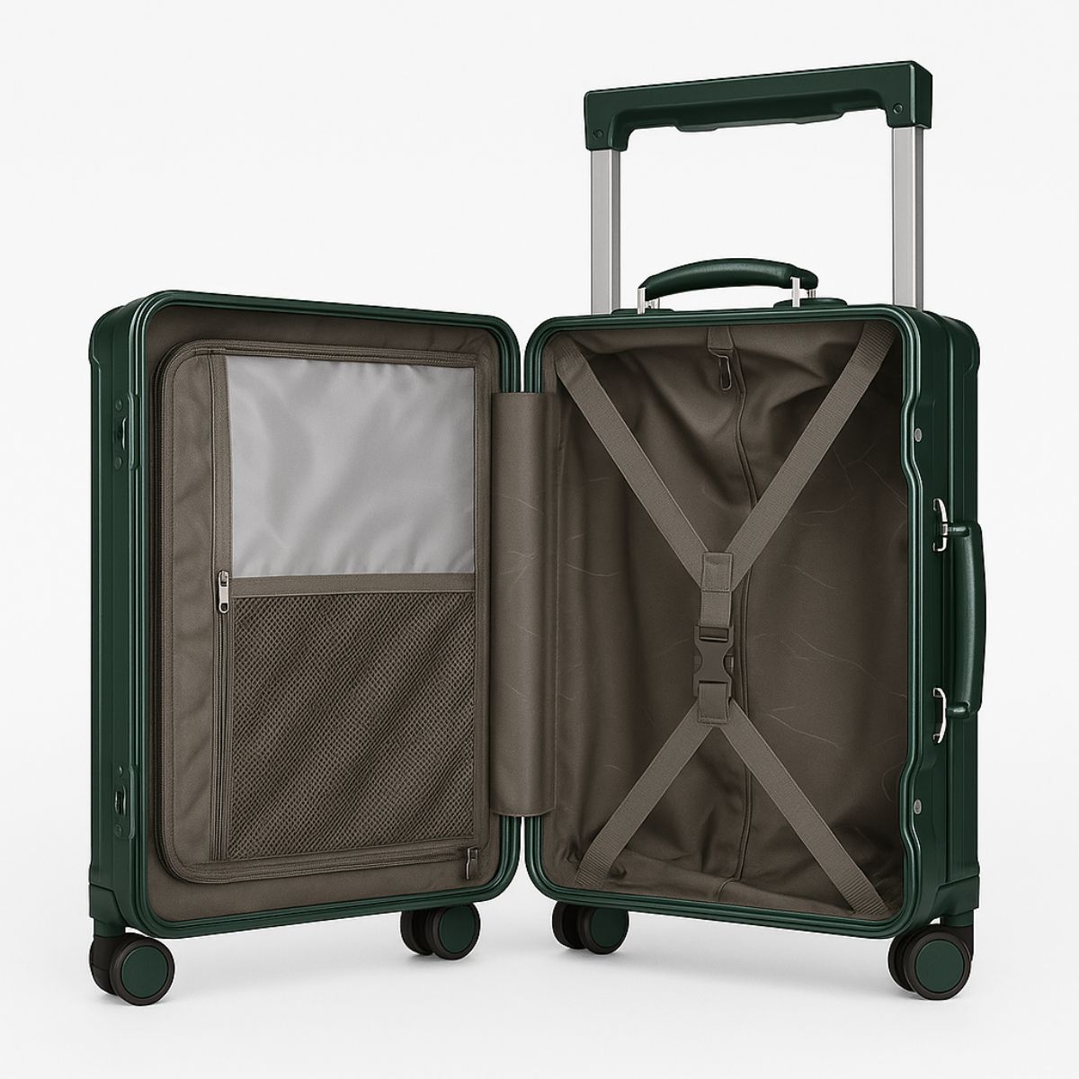 Open dark green hard-shell suitcase showing interior mesh pockets, zipper divider, and cross-strap luggage organization.