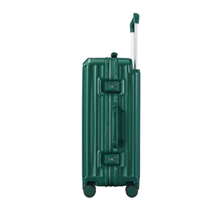 Side view of a dark green hard-shell suitcase with aluminum frame, dual TSA locks, 360° spinner wheels, and an extended handle.
