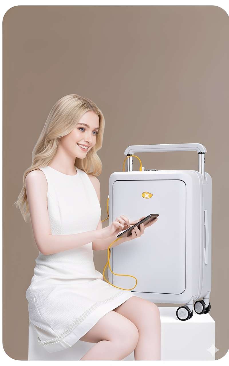Woman in a white dress sitting next to a white suitcase with a phone in her hand on a beige background
