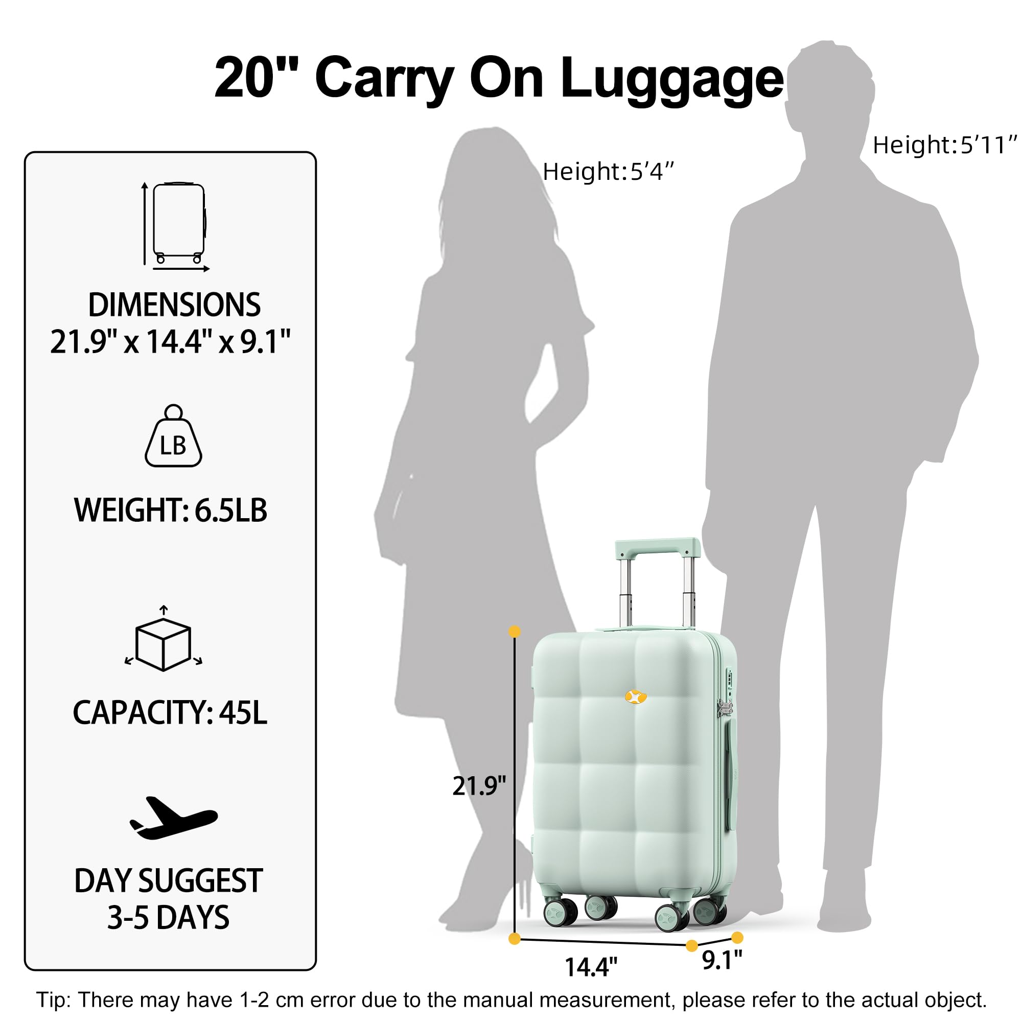 20" carry-on luggage dimensions and features displayed with silhouettes of a person and a suitcase.