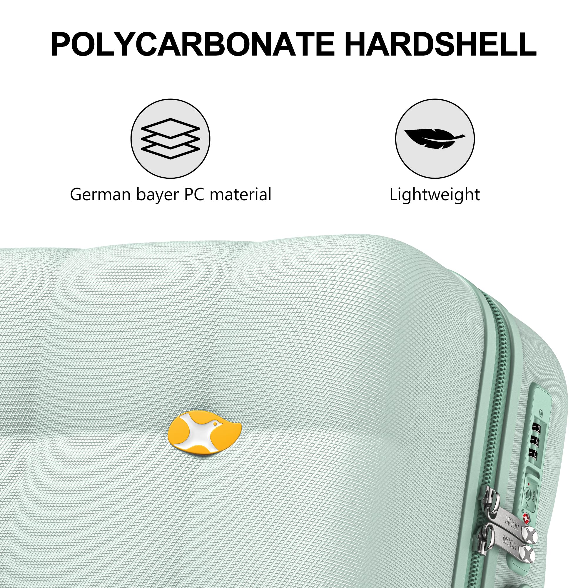 Light green polycarbonate hardshell suitcase with German bayer PC material and lightweight features.