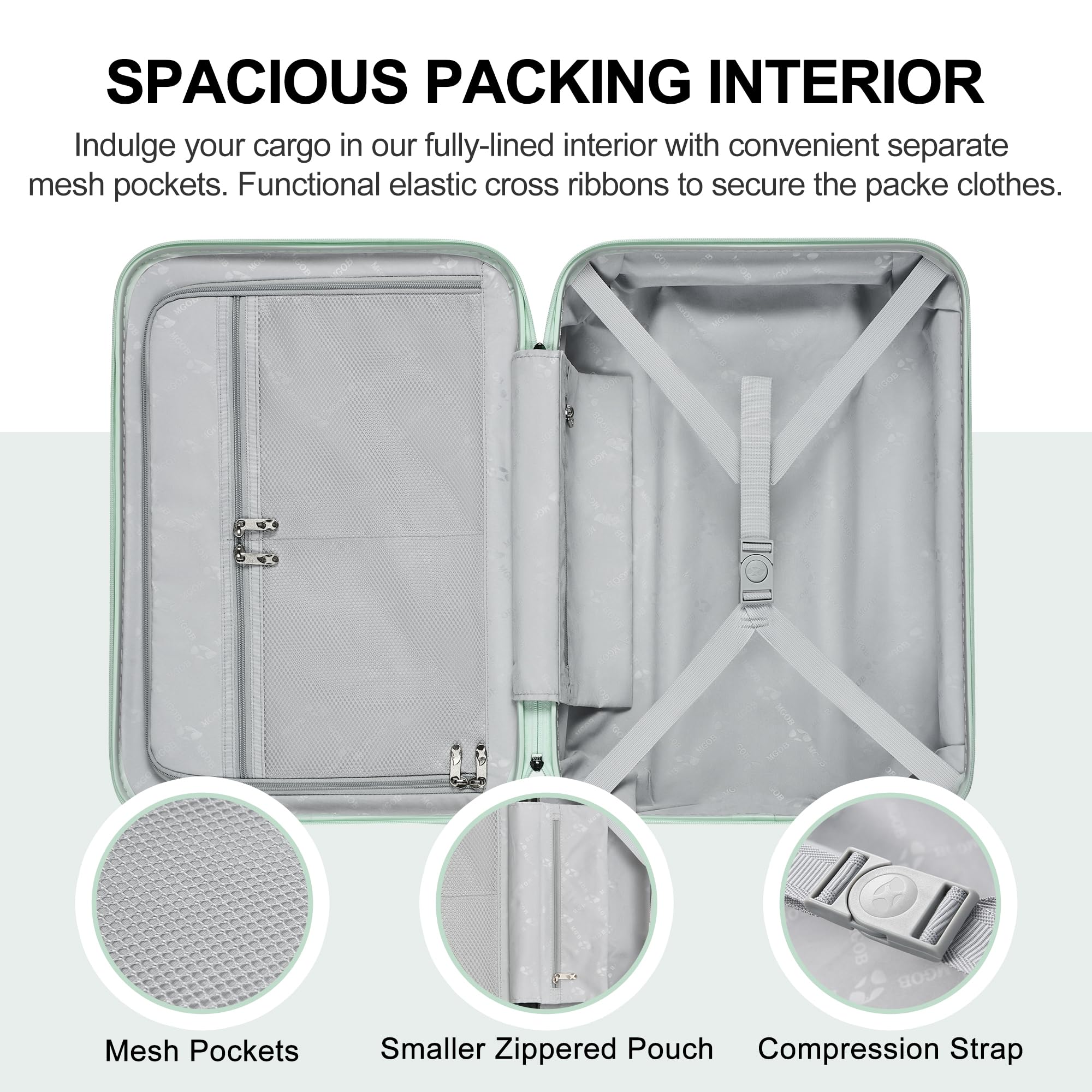 Gray suitcase with open lid showing mesh pockets, smaller zipped pouch, and compression strap on a light green background.