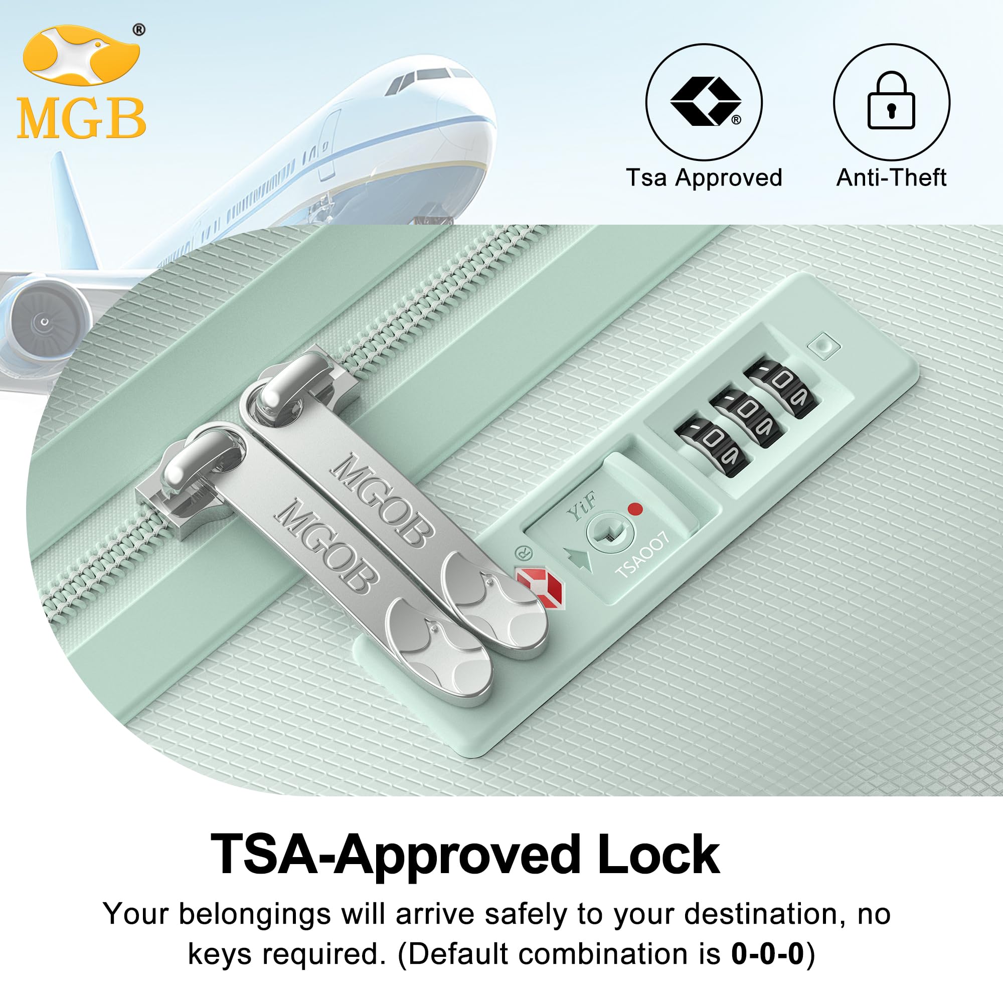 TSA-approved lock with MGB branding on a light blue background