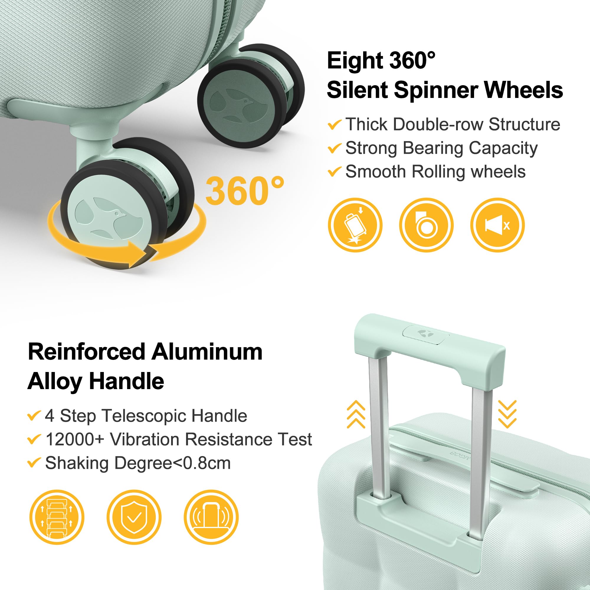 Light green suitcase with 360-degree spinner wheels and reinforced handle on a white background