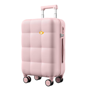 Pink suitcase with a visible brand logo on a white background