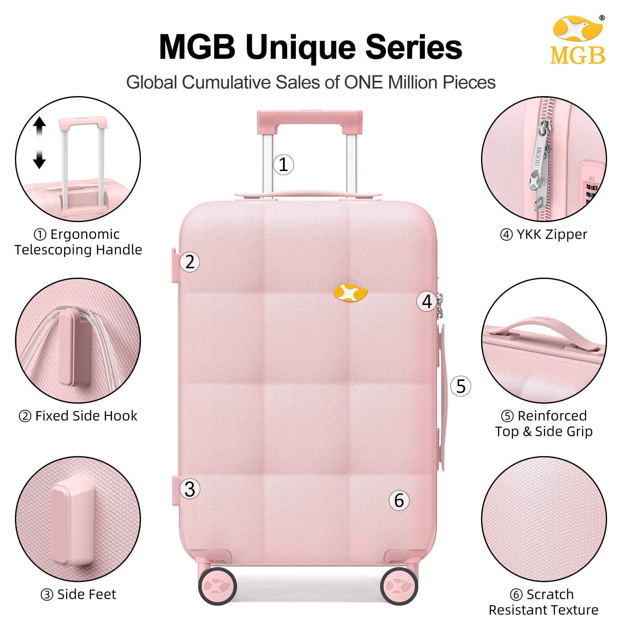 Pink suitcase with features highlighted on a white background