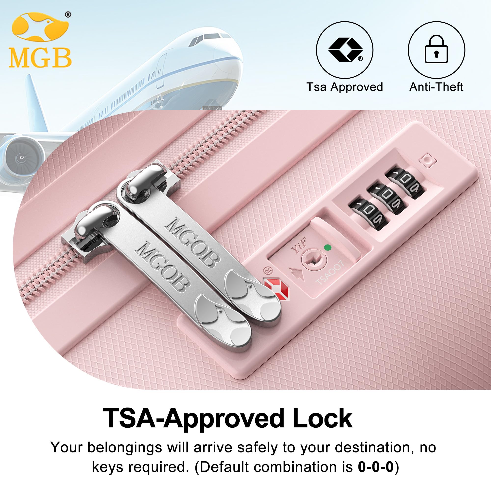 TSA-approved lock on a pink suitcase with MGB branding and icons indicating TSA approval and anti-theft features.