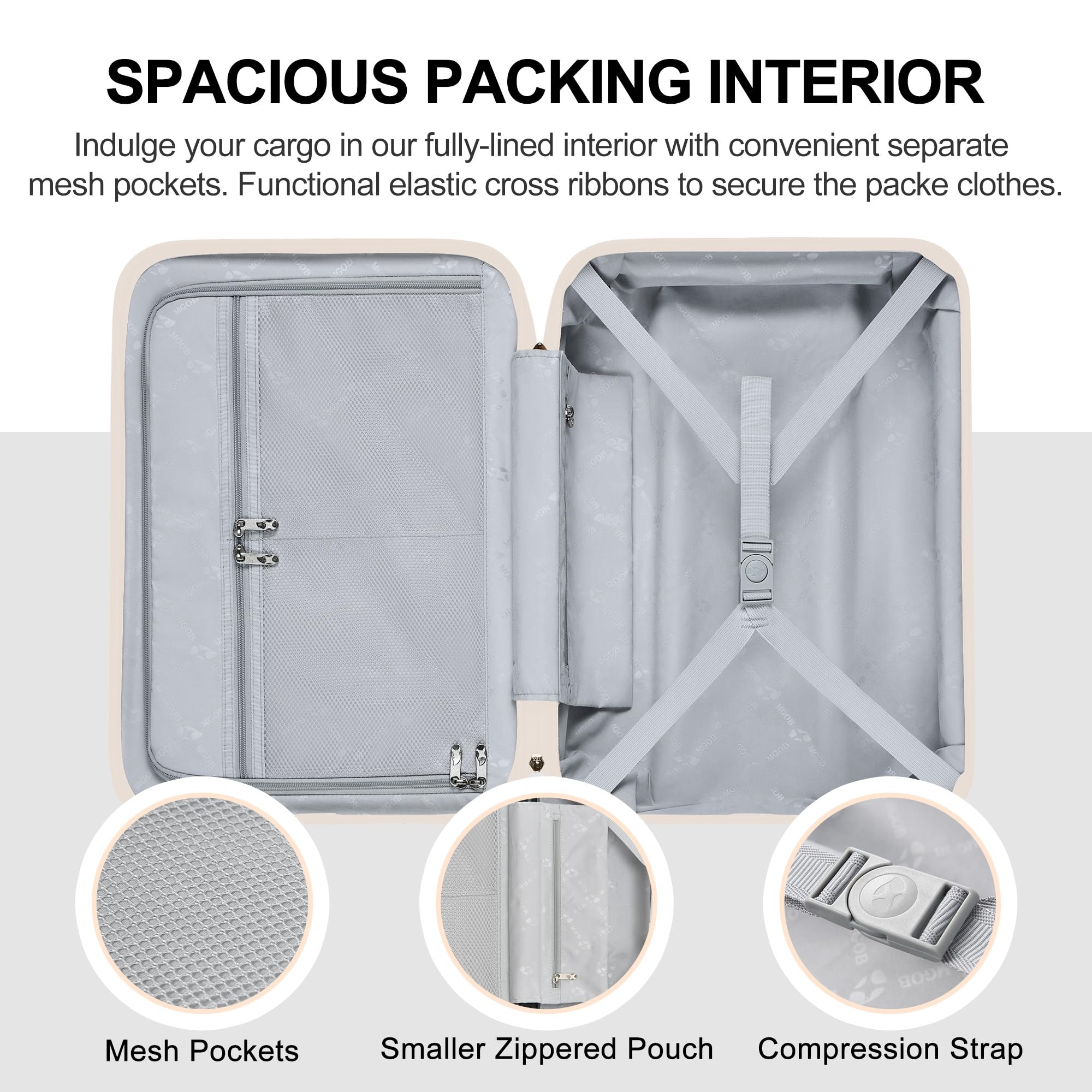 White suitcase with open lid showing interior features like mesh pockets, a smaller zipped pouch, and a compression strap.