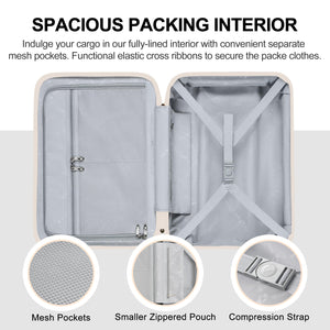 White suitcase with open lid showing interior features like mesh pockets, a smaller zipped pouch, and a compression strap.