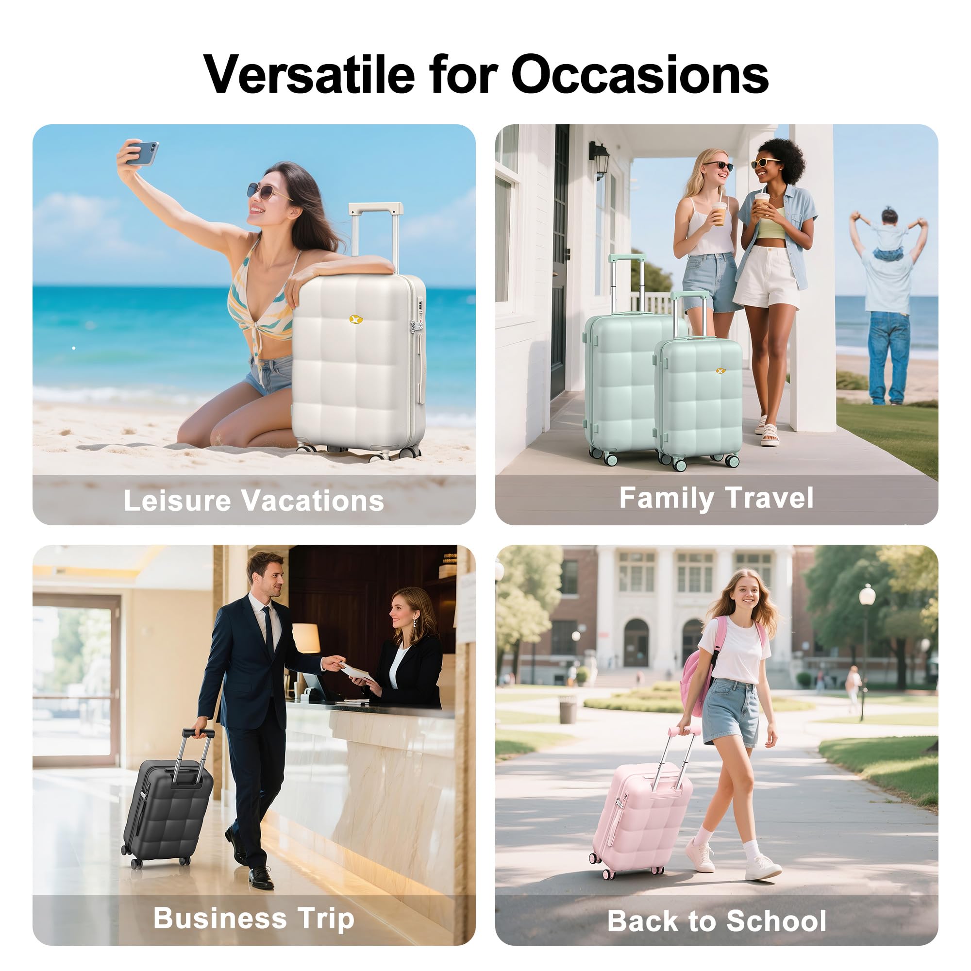 Four scenarios showing suitcases used for leisure vacations, family travel, business trips, and back to school.