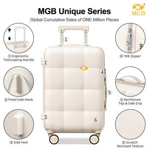White suitcase with features highlighted on a white background, including ergonomic telescoping handle, fixed side hook, side feet, YKK zipper, reinforced top & side grip, and scratch-resistant texture.
