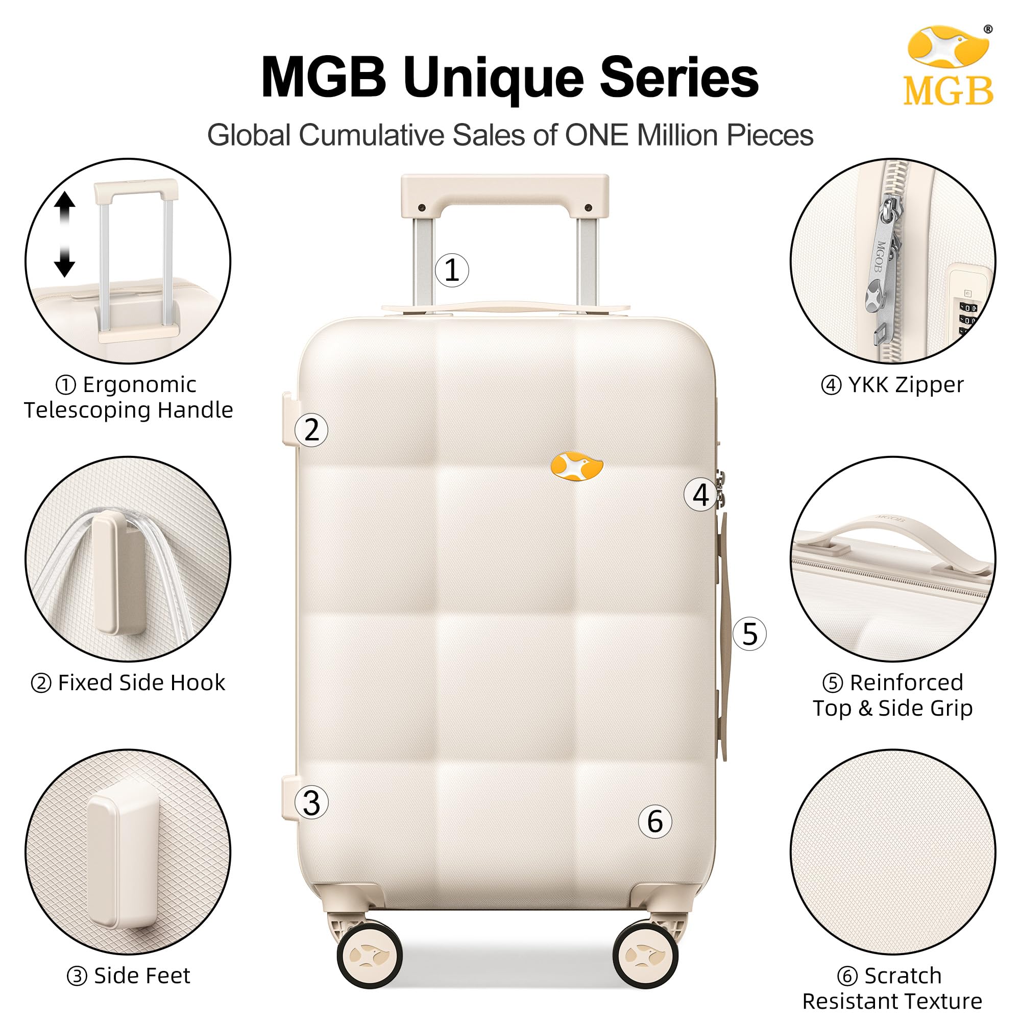 Beige suitcase with features highlighted on a white background, including ergonomic telescoping handle, fixed side hook, side feet, YKK zipper, reinforced top & side grip, and scratch-resistant texture.