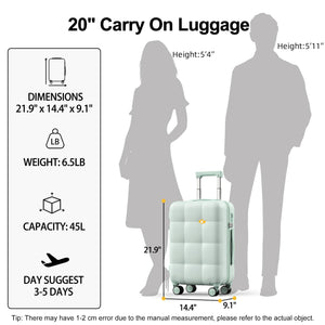 20" carry-on luggage dimensions and features displayed with silhouettes of a person and a suitcase.