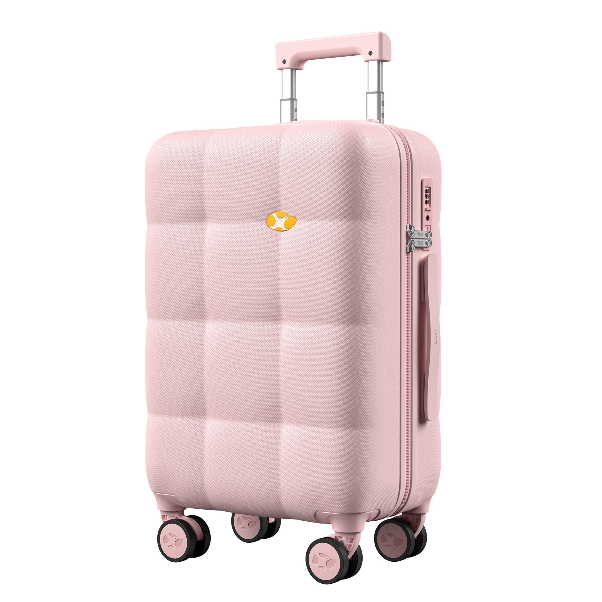 Pink suitcase with a visible brand logo on a white background