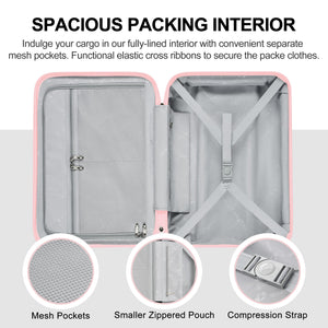 Open suitcase with mesh pockets, smaller zipped pouch, and compression strap highlighted.