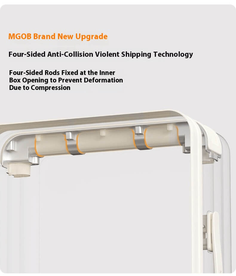 Four-sided anti-collision suitcase frame with reinforced interior rods to prevent deformation during heavy compression.