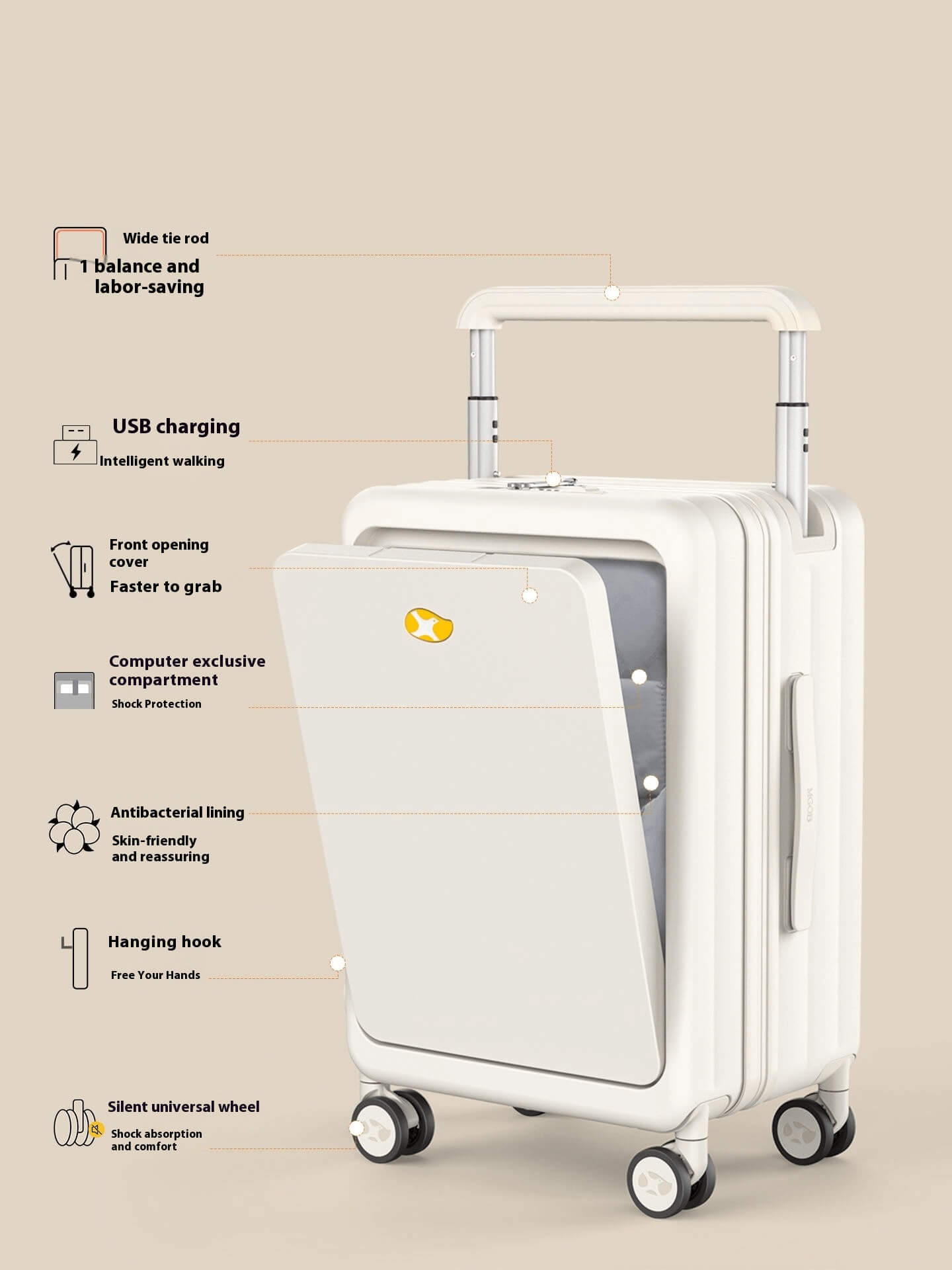 White carry-on suitcase with front laptop compartment, wide telescopic handle, USB charging port, antibacterial lining, hook, and silent spinner wheels.