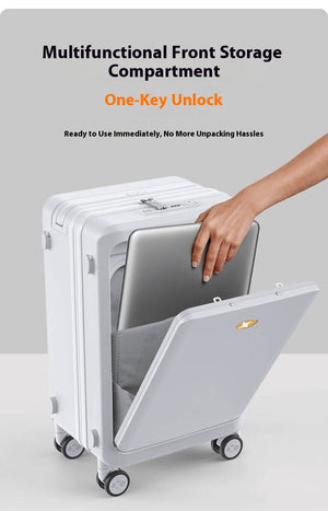 White suitcase with a front-opening compartment and one-key unlock, showing a hand placing a laptop inside the padded storage pocket.