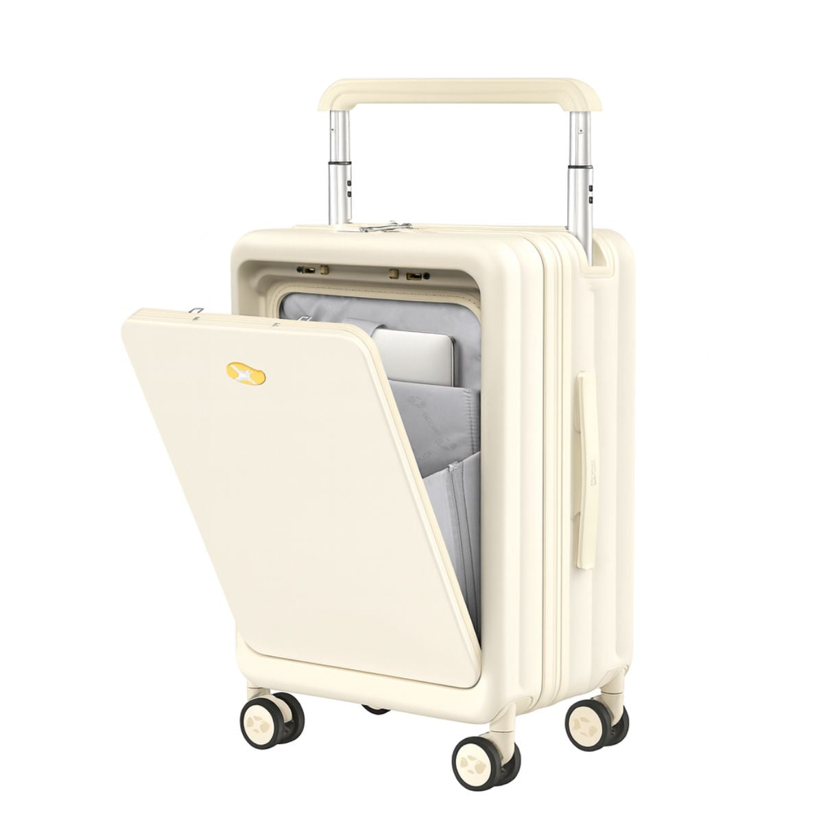 Front storage lid open showing laptop and internal organizer slots inside the suitcase.