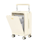 Front storage lid open showing laptop and internal organizer slots inside the suitcase.