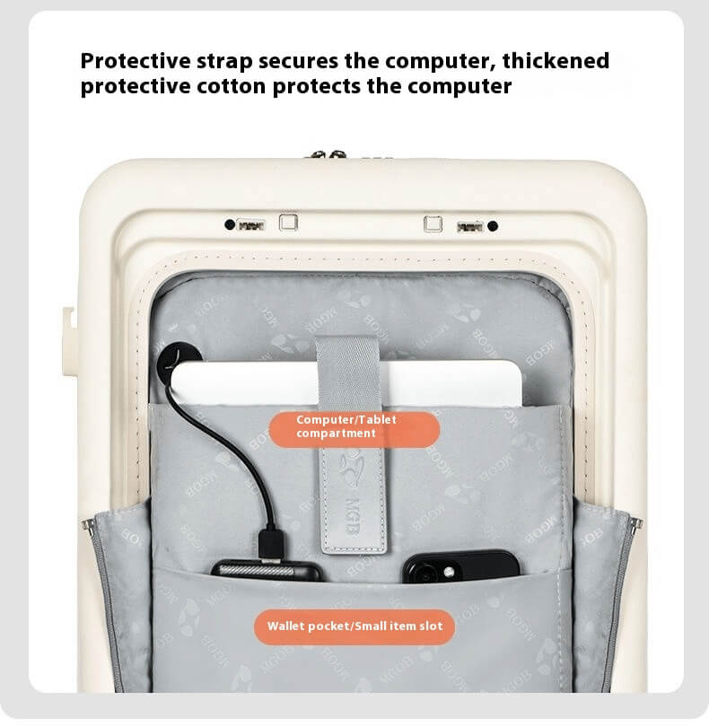 Front laptop compartment with padded protection, secure strap, and pockets for small items like phones and wallets.
