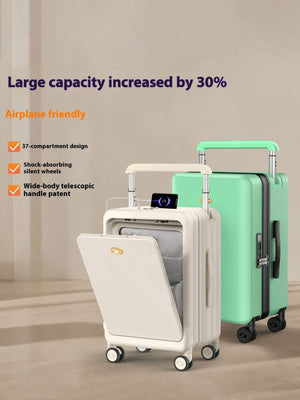 Two carry-on suitcases, one beige with front laptop compartment and one mint green, featuring wide telescopic handles and silent spinner wheels.