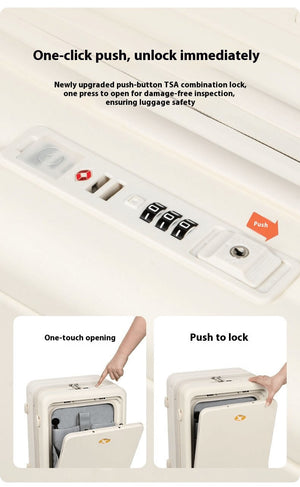 Close-up of a suitcase with a push-button TSA combination lock, showing one-touch opening and push-to-lock features for quick access.