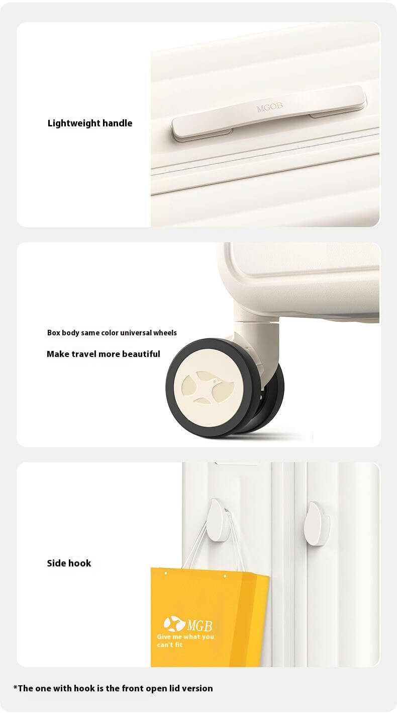 Close-up of a lightweight side handle, matching-color spinner wheels, and a built-in side hook holding a shopping bag on the suitcase.