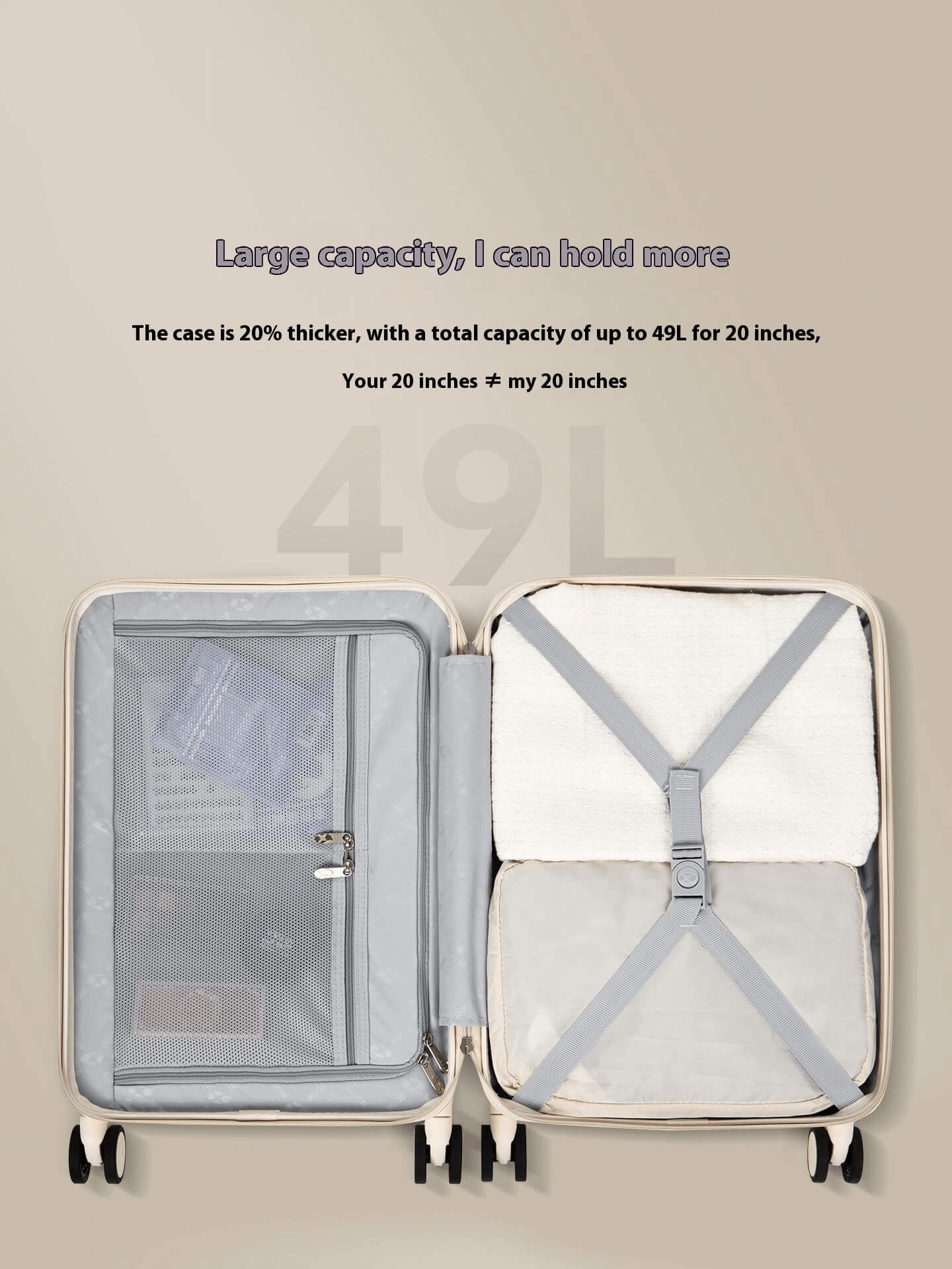 Open suitcase showing 49L large-capacity interior with mesh pockets and cross-strap for organized packing.