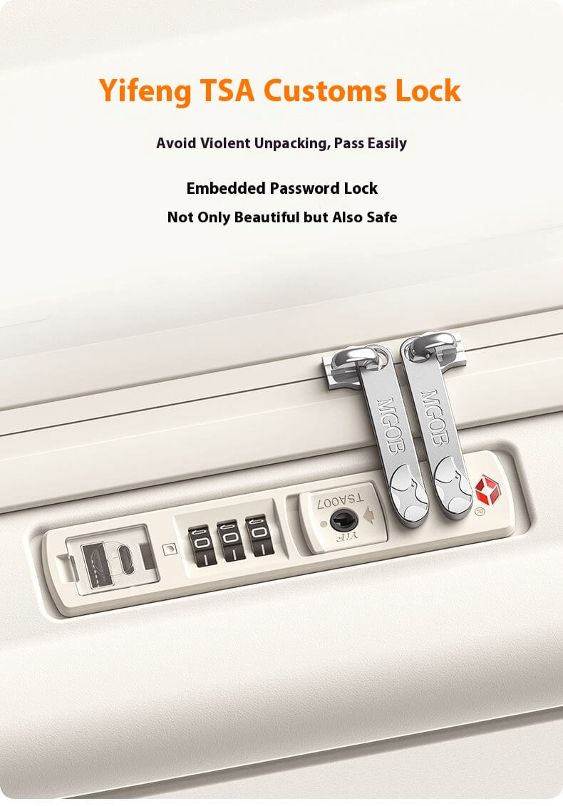 Close-up of a suitcase’s Yifeng TSA-approved lock with embedded combination dials and dual zipper pulls for secure, travel-friendly protection.