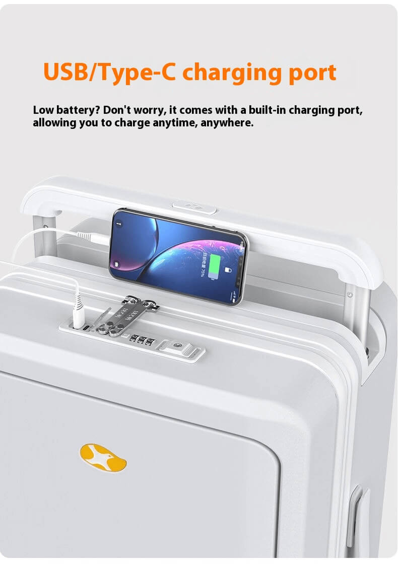 A suitcase with built-in USB and Type-C charging ports, shown charging a smartphone placed on the wide telescopic handle.