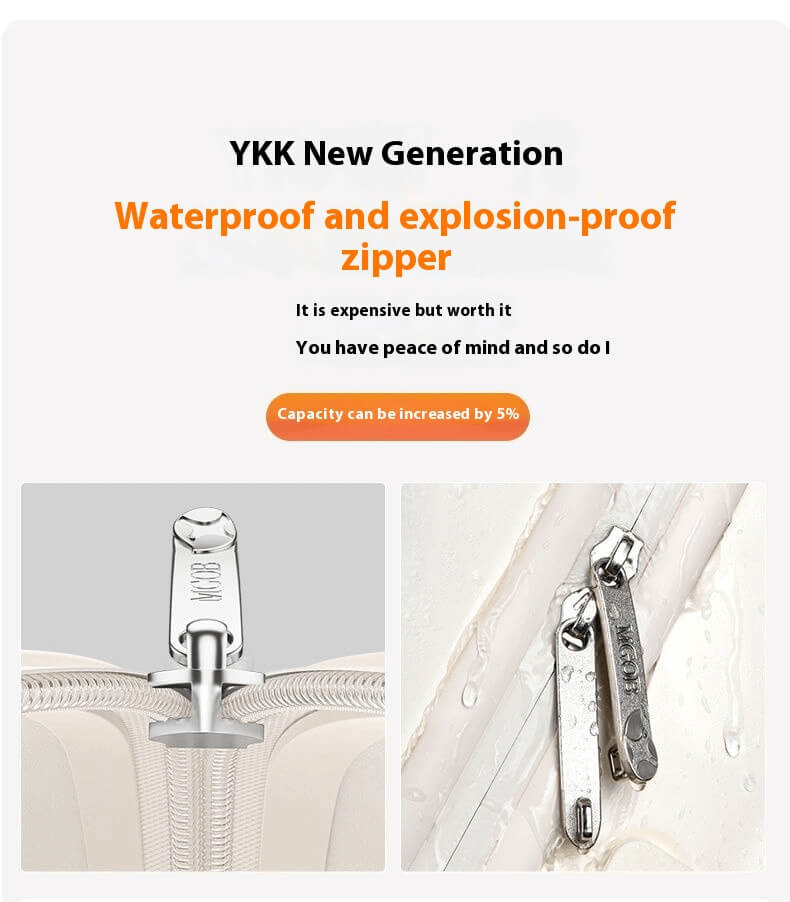 YKK waterproof zipper with sealed track and dual pullers for load expansion and moisture protection.