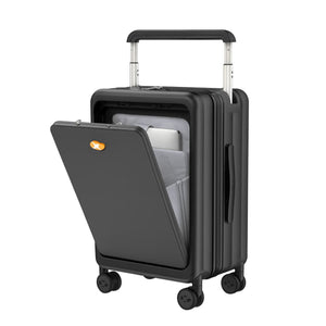 Black carry-on suitcase with an open front laptop compartment, telescopic handle, and four spinner wheels.