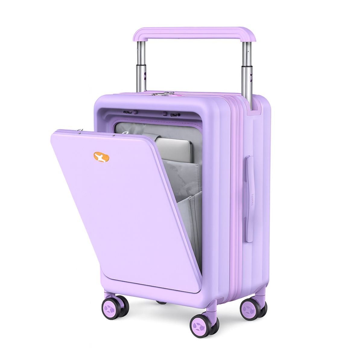 Lavender purple  front-open luggage with telescopic handle, laptop compartment, and four-wheel system.