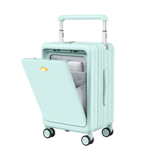 Mint-green front-open luggage with telescopic handle, laptop compartment, and four-wheel system.