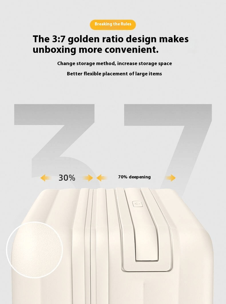 3:7 storage-depth layout with asymmetric lid distribution for optimized internal volume.