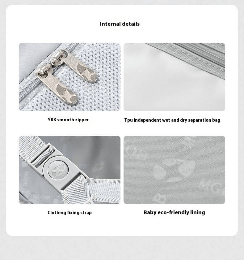Internal components including YKK zipper, TPU wet-dry divider, clothing strap, and eco-friendly lining.