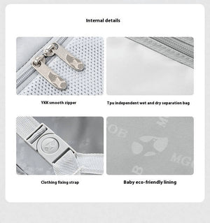 Product details of a bag with YKK smooth zipper, TPU independent wet and dry separation bag, clothing fixing strap, and baby eco-friendly lining.