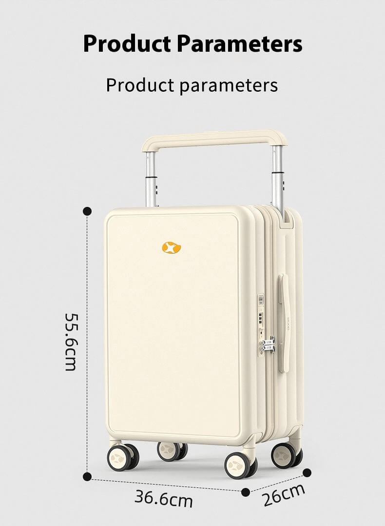 Suitcase dimensions: 55.6 cm height, 36.6 cm width, 26 cm depth.