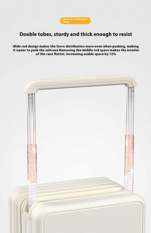 White suitcase with transparent handle on a light gray background