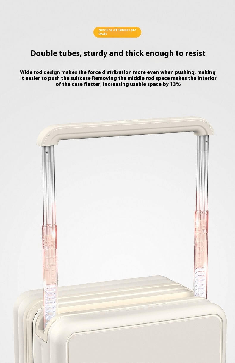 White suitcase with transparent handle on a light gray background